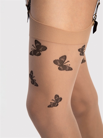 Stockings - Fiore - Farfalle - Sommerfugle - 20 den - Nude/Sort